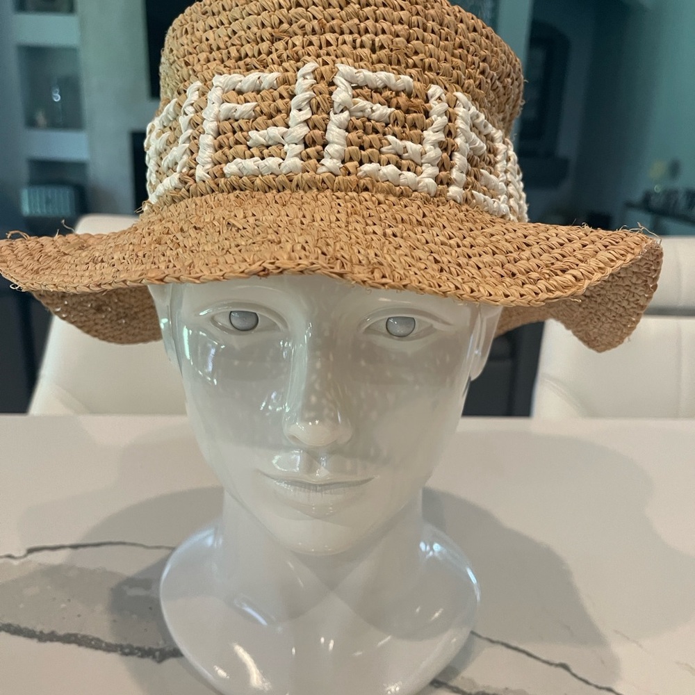 Authentic Fendi Tan and White Pattern Raffia Floppy Hat,